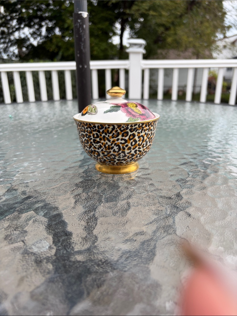 Spode Leopard-Print Covered Sugar Bowl with Floral Lid and Gold Trim